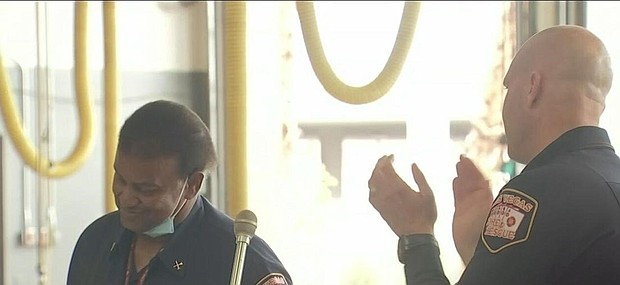 Las Vegas Fire and Rescue Battalion Chief Lawrence Wickliffe (left), the longest-serving firefighter in Nevada, wrapped up 46 years of service with a sendoff on April 26
Mandatory Credit:	KVVU