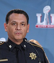President Joe Biden will nominate Harris County, Texas, Sheriff Ed Gonzalez to serve as director of Immigration and Customs Enforcement. Gonzalez is shown at the Super Bowl LI security press conference.
Mandatory Credit:	Kirby Lee/USA TODAY Sports/Imagn