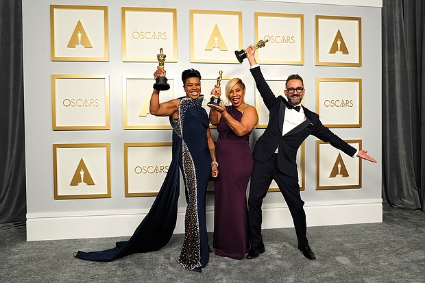 Mia Neal, from left, Jamika Wilson and Sergio Lopez-Rivera, winners of the award for best makeup and hairstyling for “Ma Rainey’s Black Bottom.”