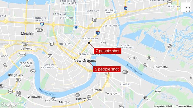 Two shootings in New Orleans overnight left one dead and eight others injured, police said May 2.
Mandatory Credit:	Google