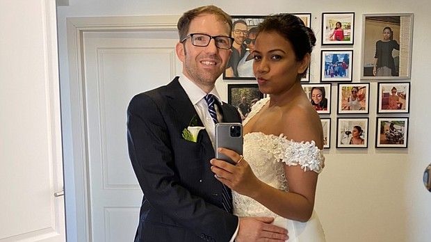 Nupur Gupta and Attila Bosnyak, pictured here on their wedding day, have looked after one another during the stresses of the pandemic.
Mandatory Credit: Courtesy Nupur Gupta/Attila Bosnyak