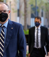 Epic CEO Tim Sweeney arrives at federal court on May 03, 2021 in Oakland, California. Apple and video game maker Epic games are appearing in court to begin hearing arguments to determine if Apple is running a monopoly in its Apple App Store and whether the company should be allowed to take a 30 percent cut of revenue made from purchases on the platform.
Mandatory Credit:	Justin Sullivan/Getty Images