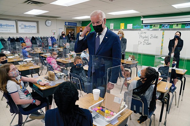 President Joe Biden took center stage Monday in a fifth-grade classroom at Yorktown Elementary School, where he and his wife, First Lady Jill Biden, talked with students during a swing to promote his $1.8 trillion package that would increase education spending. Mrs. Biden is an English professor at Northern Virginia Community College in Alexandria.