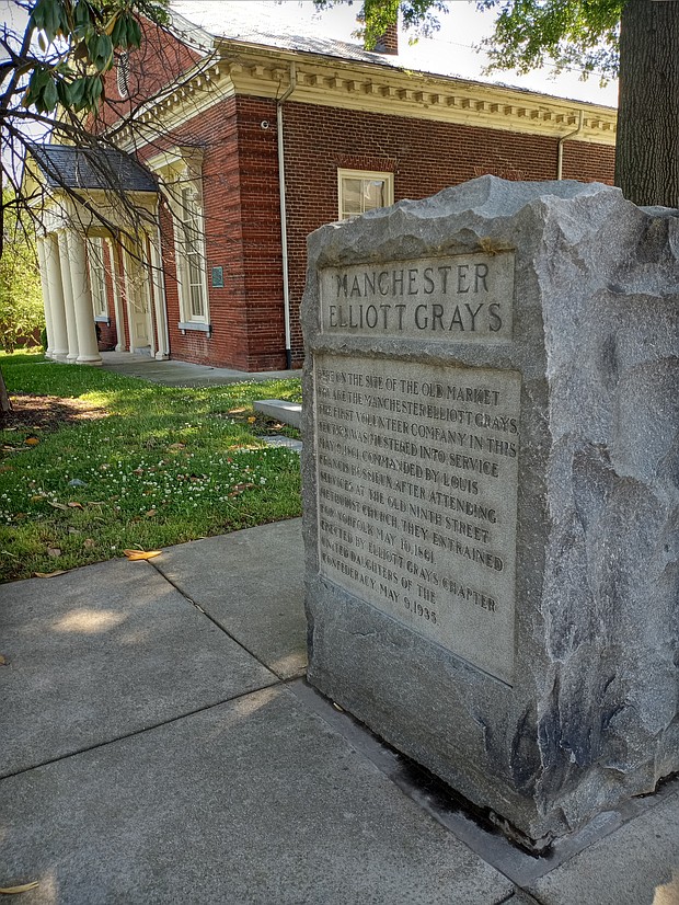 This stone marker outside the Manchester Courthouse at 10th and Hull streets was put in place 86 years ago to honor the Manchester Elliott Grays, a Confederate unit formed just days after Virginia became an official Confederate state in 1861. It stands in the shadow of the courthouse now named for noted civil rights attorney and Richmond’s first Black mayor, Henry L. Marsh III, and his late brother, attorney Harold M. Marsh Sr.