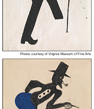 “Nothin’ to Somethin’ – Freedom,” undated, top, and “Dance,” undated, by artist Bill Traylor (American, 1953-1949). From the collection at the VMFA and gifts of B.K. Fulton and Jackie Stone.