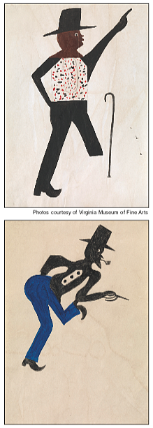 “Nothin’ to Somethin’ – Freedom,” undated, top, and “Dance,” undated, by artist Bill Traylor (American, 1953-1949). From the collection at the VMFA and gifts of B.K. Fulton and Jackie Stone.