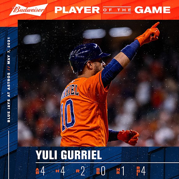 First baseman Yuli Gurriel tied a career high by going 4-for-4 at the plate while also driving in four runs. …