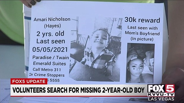 A group of volunteers on Saturday helped search for 2-year-old Amari Nicholson, who was reported missing on May 5..
Mandatory Credit:	KVVU