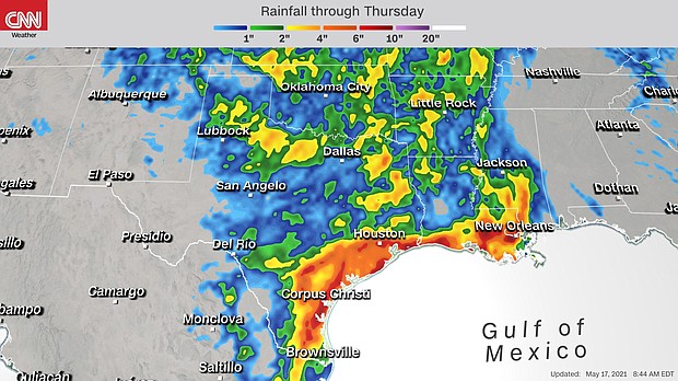 An outbreak of severe storms will threaten over 33 million people in the southern Plains on May 17, while the risk for flash flooding ramps up Tuesday and Wednesday.
Mandatory Credit: CNN Weather