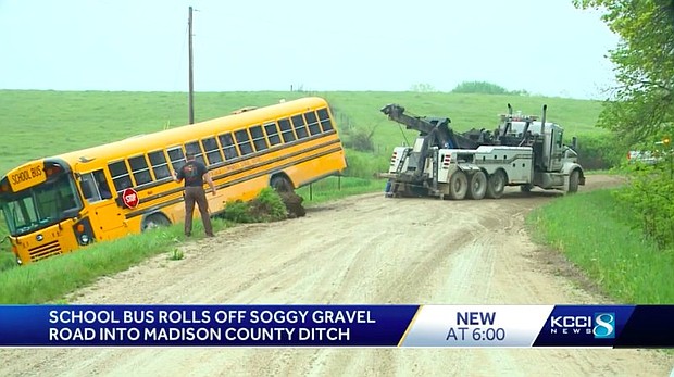 Ten elementary students and a bus driver were involved in a rollover crash Monday in Madison County.
Mandatory Credit:	KCCI