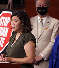Rep. Grace Meng, speaking, is joined by Rep. Mark Takano and Rep. Judy Chu during a Capitol Hill press conference May 18 in Washington.
Mandatory Credit:	Kevin Dietsch/Getty Images