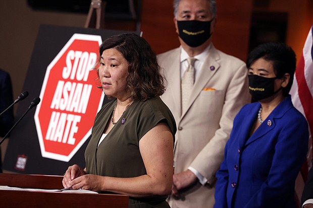 Rep. Grace Meng, speaking, is joined by Rep. Mark Takano and Rep. Judy Chu during a Capitol Hill press conference May 18 in Washington.
Mandatory Credit:	Kevin Dietsch/Getty Images