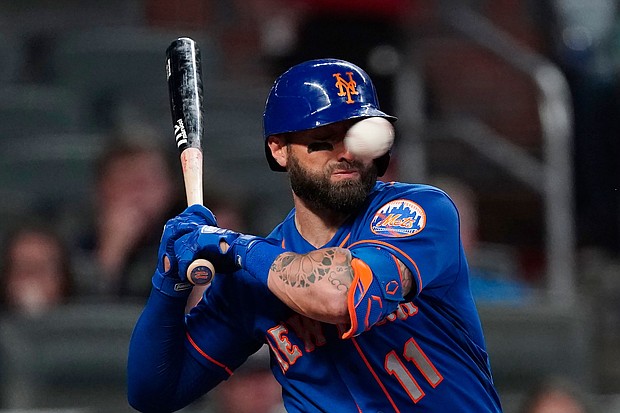Mets' Kevin Pillar is hit in the face with a pitch from Braves pitcher Jacob Webb in the seventh inning on May 17 in Atlanta.
Mandatory Credit:	John Bazemore/AP