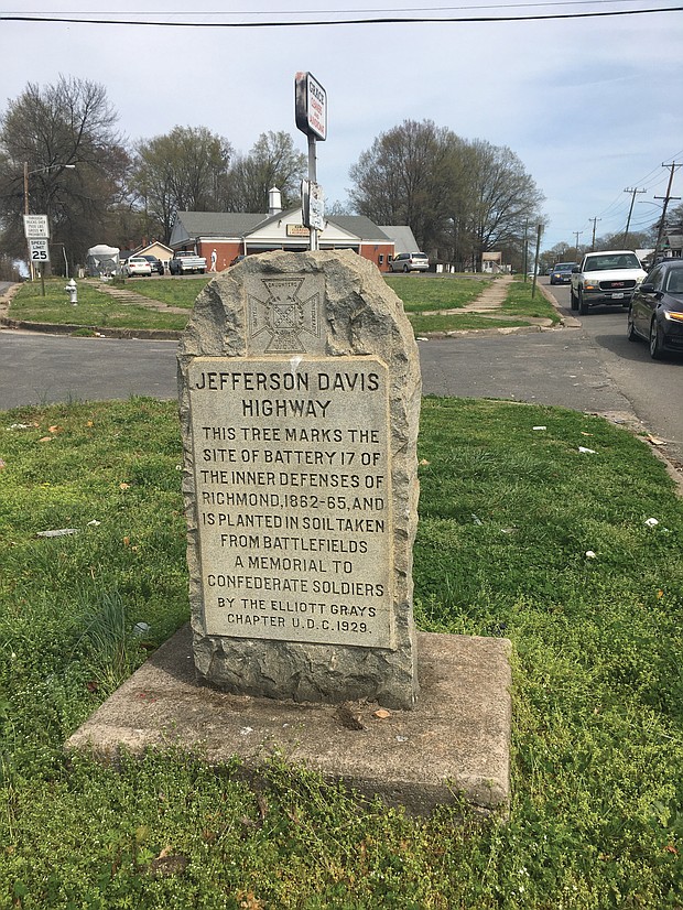 Another one?  Yes, Richmond, another Confederate marker has turned up. This is one of two Confederate highway markers in South Side that City Hall is working to get rid of. Location: Harwood Street and Richmond Highway, a few blocks south of the Confederate marker placed in 1935 at 400 Richmond Highway. This marker has been in place since 1929. A Richmond chapter of the United Daughters of the Confederacy installed both.