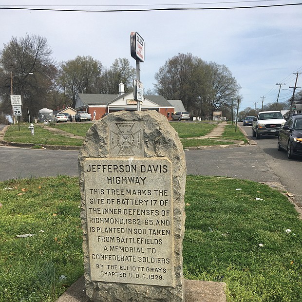 Another one?  Yes, Richmond, another Confederate marker has turned up. This is one of two Confederate highway markers in South Side that City Hall is working to get rid of. Location: Harwood Street and Richmond Highway, a few blocks south of the Confederate marker placed in 1935 at 400 Richmond Highway. This marker has been in place since 1929. A Richmond chapter of the United Daughters of the Confederacy installed both.