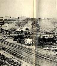 A panoramic view of the Tulsa area ruined during the 1921 riots.