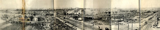 A panoramic view of the Tulsa area ruined during the 1921 riots.
