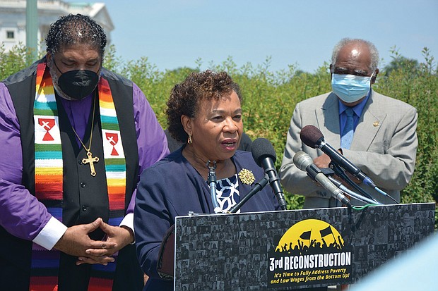 Rep. Barbara Lee of California speaks May 20 about a new resolution titled “Third Reconstruction: Fully Addressing Poverty and Low Wages From the Bottom Up” on Capitol Hill in Washington.