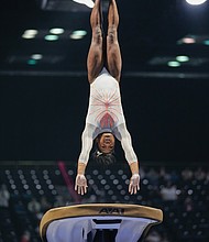 Simone Biles competes Saturday in the vault during the U.S. Classic gymnastics event in Indianapolis 2021.