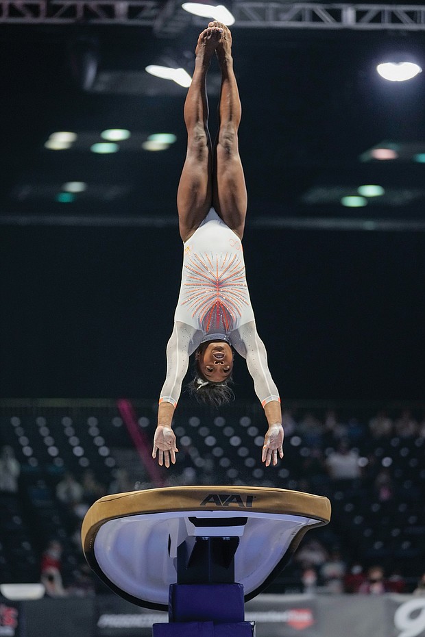 Simone Biles competes Saturday in the vault during the U.S. Classic gymnastics event in Indianapolis 2021.