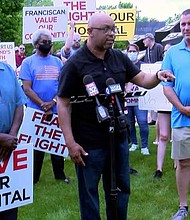 Calumet City Mayor speaks during a demonstration opposing the downsizing of Franciscan Health’s St. Margaret Hospital in Hammond, Ind. Photos provided by Sean Howard