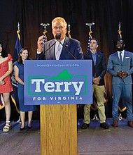 Former Gov. Terry McAuliffe addresses the crowd Tuesday night in Northern Virginia after clinching 62 percent of the vote in the primary and winning the Democratic nomination to run for governor again in November.