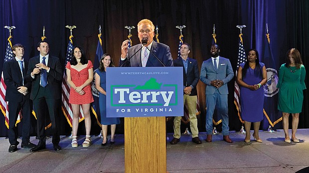 Former Gov. Terry McAuliffe addresses the crowd Tuesday night in Northern Virginia after clinching 62 percent of the vote in the primary and winning the Democratic nomination to run for governor again in November.