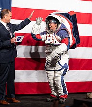 NASA revealed a ground prototype of the new exploration extravehicular mobility unit (xEMU) in 2019 at NASA Headquarters in Washington.
Mandatory Credit:	Joel Kowsky/NASA