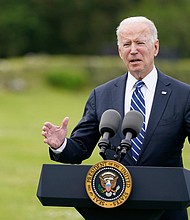 President Joe Biden speaks about his administration's global Covid-19 vaccination efforts ahead of the G-7 summit on June 10 in St. Ives, England.
Mandatory Credit:	Patrick Semansky/AP