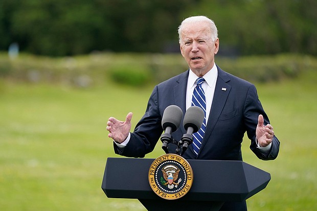 President Joe Biden speaks about his administration's global Covid-19 vaccination efforts ahead of the G-7 summit on June 10 in St. Ives, England.
Mandatory Credit:	Patrick Semansky/AP