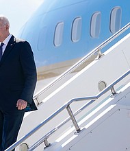 President Joe Biden steps off Air Force One at Geneva Airport in Geneva, Switzerland, Tuesday, June 15. Biden is scheduled to meet with Russian President Vladimir Putin in Geneva, Wednesday, June 16.
Mandatory Credit:	Patrick Semansky/AP
