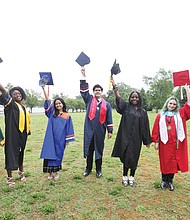 The valedictorians at Richmond’s public high schools celebrate during a group photo last Saturday at Byrd Park. They are, from left, Te’Vonya Jeter of Huguenot; Aissatou Barry of Richmond Community; Airhiez Cabrera of Armstrong; Harold Aquino-Guzman of George Wythe; Terri Lee of Franklin Military Academy; Mary Jane Perkins-Lynch of Thomas Jefferson; and Abena Williams of Open High. Right, A’Nya Davis of John Marshall.