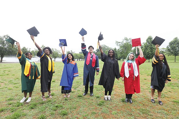 The valedictorians at Richmond’s public high schools celebrate during a group photo last Saturday at Byrd Park. They are, from left, Te’Vonya Jeter of Huguenot; Aissatou Barry of Richmond Community; Airhiez Cabrera of Armstrong; Harold Aquino-Guzman of George Wythe; Terri Lee of Franklin Military Academy; Mary Jane Perkins-Lynch of Thomas Jefferson; and Abena Williams of Open High. Right, A’Nya Davis of John Marshall.