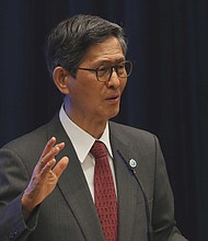 Shigeru Omi, an infectious disease expert who leads the government subcommittee, urged a cap on spectator numbers during the games.
Mandatory Credit:	Issei Kato/AP