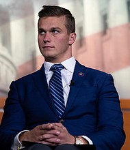 Representative Madison Cawthorn (R-NC) is seen during a press conference where Representative Lauren Boebert (R-CO) introduced a resolution to censure President Biden over his Administration's border policies, at the U.S. Capitol  on June 23.
Mandatory Credit:	Graeme Sloan/Sipa USA/AP