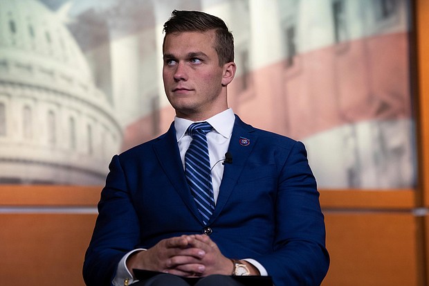 Representative Madison Cawthorn (R-NC) is seen during a press conference where Representative Lauren Boebert (R-CO) introduced a resolution to censure President Biden over his Administration's border policies, at the U.S. Capitol  on June 23.
Mandatory Credit:	Graeme Sloan/Sipa USA/AP