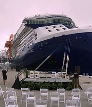 The Celebrity Edge cruise ship is docked at Port Everglades in Fort Lauderdale, Florida. The Celebrity Edge is set to sail  Saturday and become the first cruise ship to leave a US port with ticketed passengers since the onset of the pandemic last year.
Mandatory Credit:	CNN