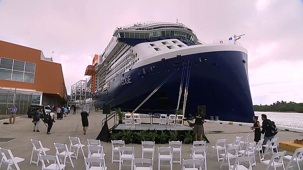 The Celebrity Edge cruise ship is docked at Port Everglades in Fort Lauderdale, Florida. The Celebrity Edge is set to sail  Saturday and become the first cruise ship to leave a US port with ticketed passengers since the onset of the pandemic last year.
Mandatory Credit:	CNN