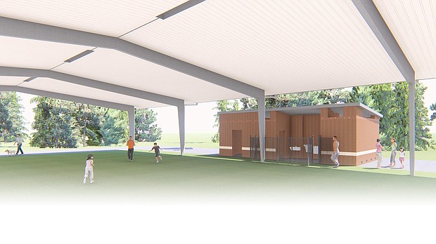 Rendering of the new outdoor pavilion at Harriet and Joe Foster Family YMCA in fall 2021