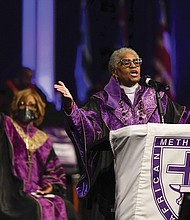 Bishop Anne Byfield, front right, president of the Council of Bishops, speaks during the opening worship service Tuesday at the African Methodist Episcopal Church conference in Orlando, Fla.