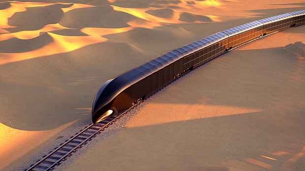 A G Train is shown riding through a desert.
Mandatory Credit:	Courtesy Thierry Gaugain