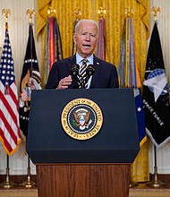 President Joe Biden speaks about the American troop withdrawal from Afghanistan, in the East Room of the White House on July 8 in Washington. Biden's review of former President Donald Trump's restrictive Cuba policy is still underway.
Mandatory Credit:	Evan Vucci/AP