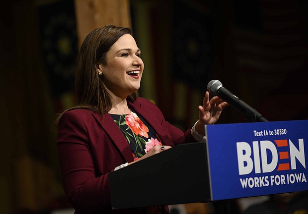 Rep. Abby Finkenauer introduces Democratic presidential candidate, former Vice President Joe Biden, on January 3, 2020, in Independence, Iowa.
Mandatory Credit:	Stephen Maturen/Getty Images