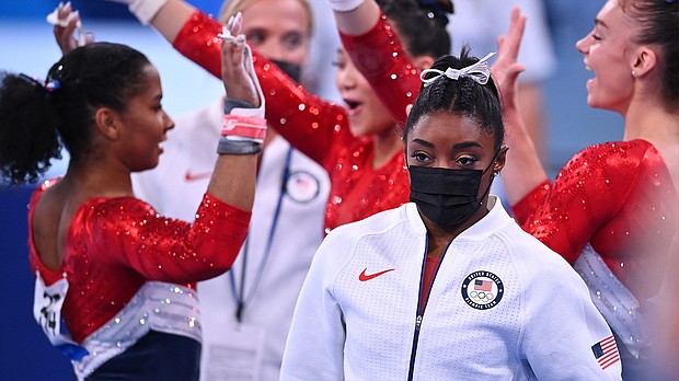 The US women's gymnastics team competed in the team final July 27.
Mandatory Credit:	Dylan Martinez/Reuters