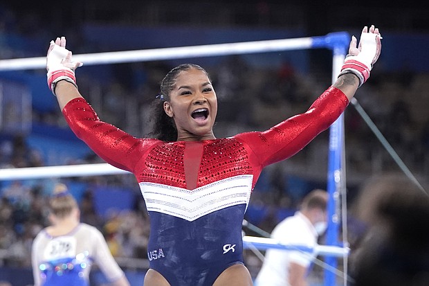 Jordan Chiles, of the United States, celebrates her performance on the uneven bars during the artistic gymnastics women's final at the 2020 Summer Olympics, Tuesday, July 27, in Tokyo.
Mandatory Credit: Gregory Bull/AP