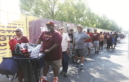 Welcoming the burgundy and gold/There’s no doubt that the Washington Football Team has real diehard fans in Richmond. After a year’s hiatus because of COVID-19, the NFL team received a big welcome back to its Richmond training camp on Wednesday by fans who turned out in droves. A long line formed early at the entry gate of the Bon Secours Training Facility on West Leigh Street as people waited eagerly to see their favorite players go through practice.