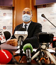 Nicola Zingaretti, president of Italy's Lazio region, addressed questions about the cyberattack at a press conference in Rome on August 2.
Mandatory Credit:	Cecilia Fabiano/LaPresse/AP