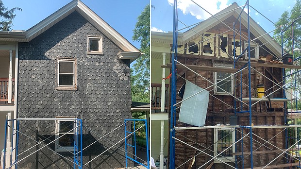 The farmhouse is seen before the bee removal, left, and during the process, right.
Mandatory Credit:	Courtesy Allan Lattanzi