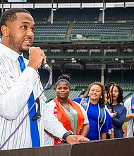 Malcolm Fox speaks to the Cubs Scholars Graduates during the commencement at Wrigley Field. Fox was a Class of 2016 Cubs Scholar. Photo provided by Cubs Charities