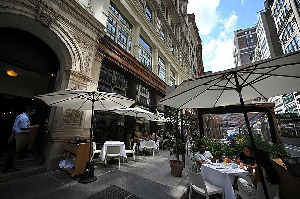 New York City will require proof of vaccination to enter all restaurants and fitness centers, Mayor Bill de Blasio announced Tuesday.
Mandatory Credit:	Anthony Behar/Sipa/AP